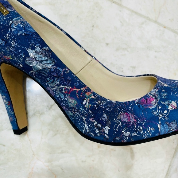 ZAPATO {38} Pumps Floral Fabric Blue Metallic Handmade - Picture 9 of 16